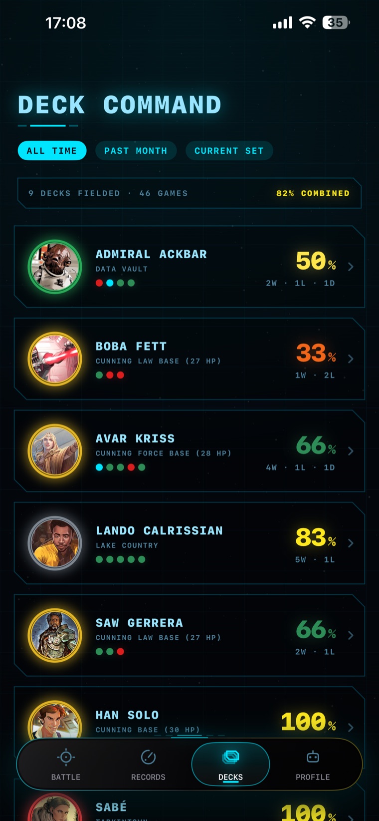 Deck command with per-leader win rates