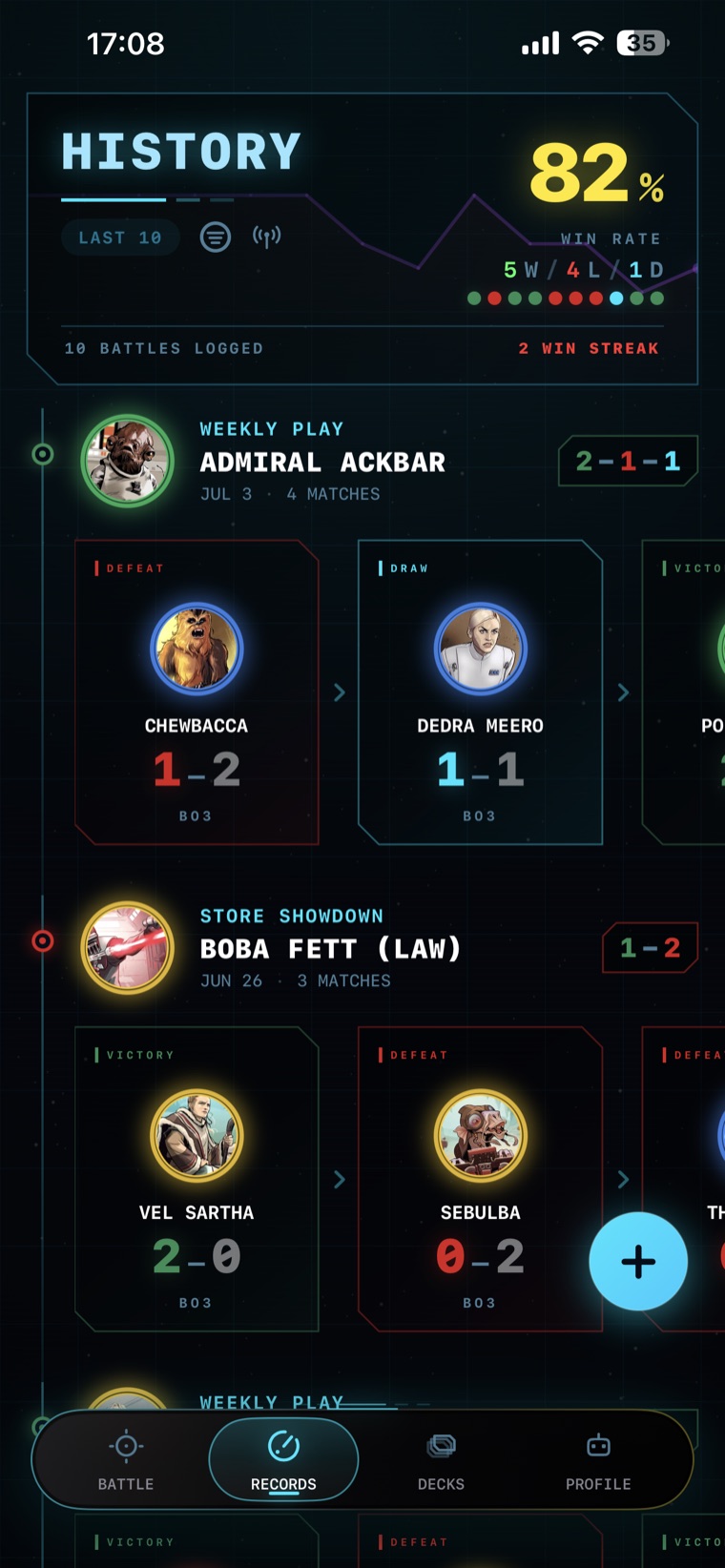 Match history showing an 82% win rate