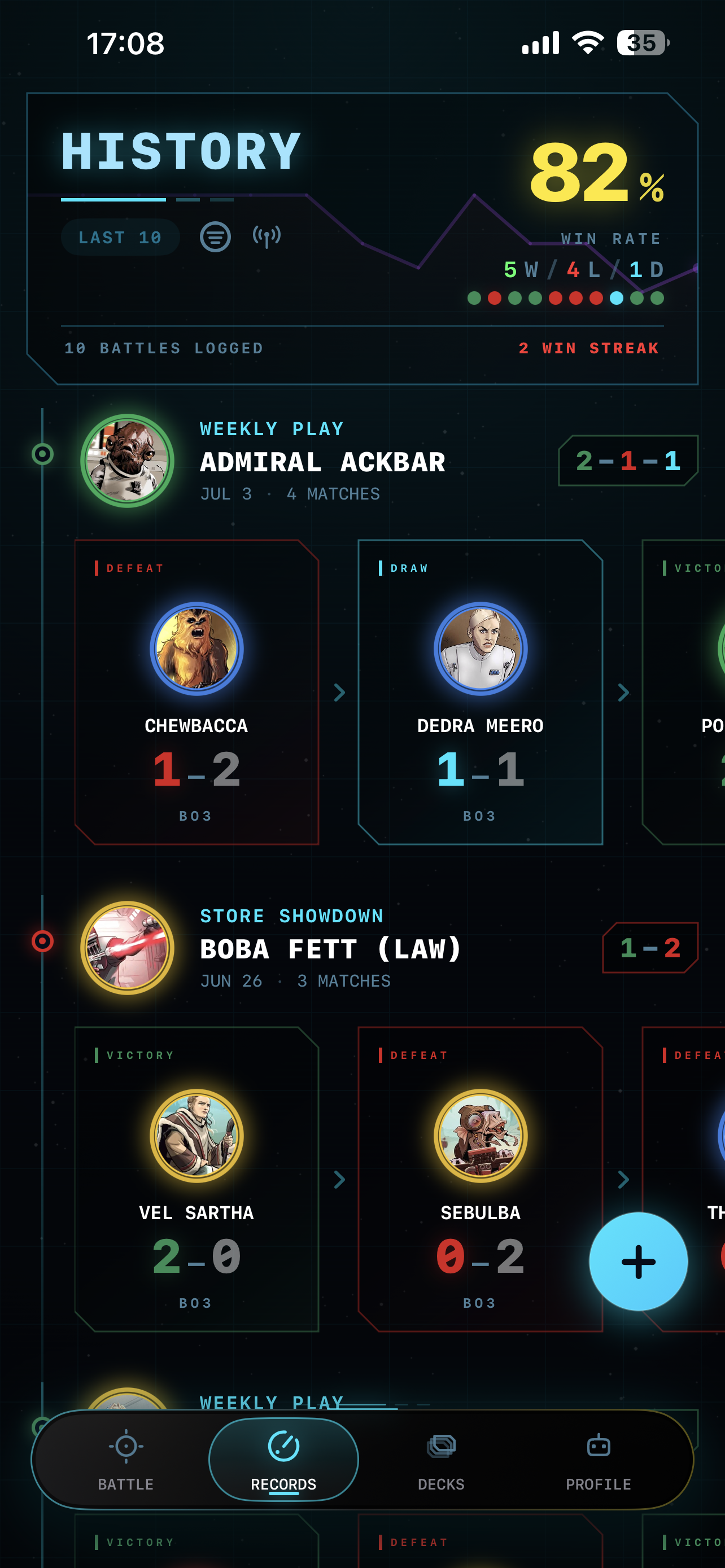 Match history showing an 82% win rate